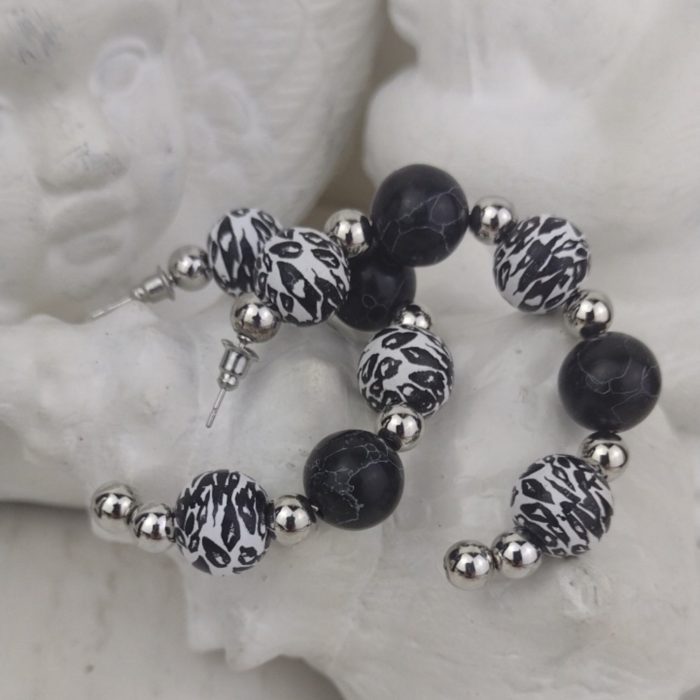 Black & White Animal Print & Silver Beaded Hoop Earrings